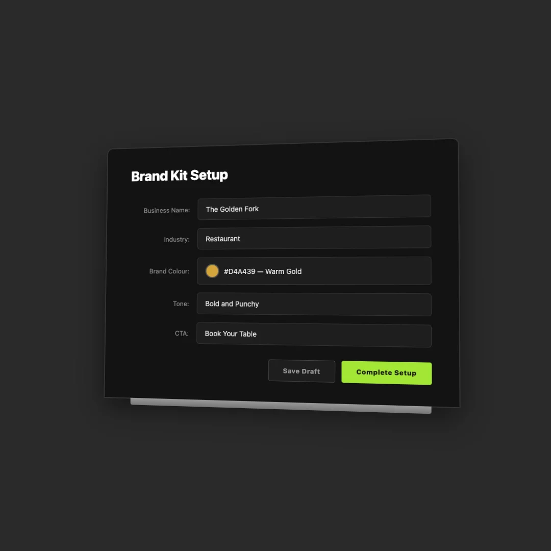 Brand kit setup form showing business name, colours, and tone of voice