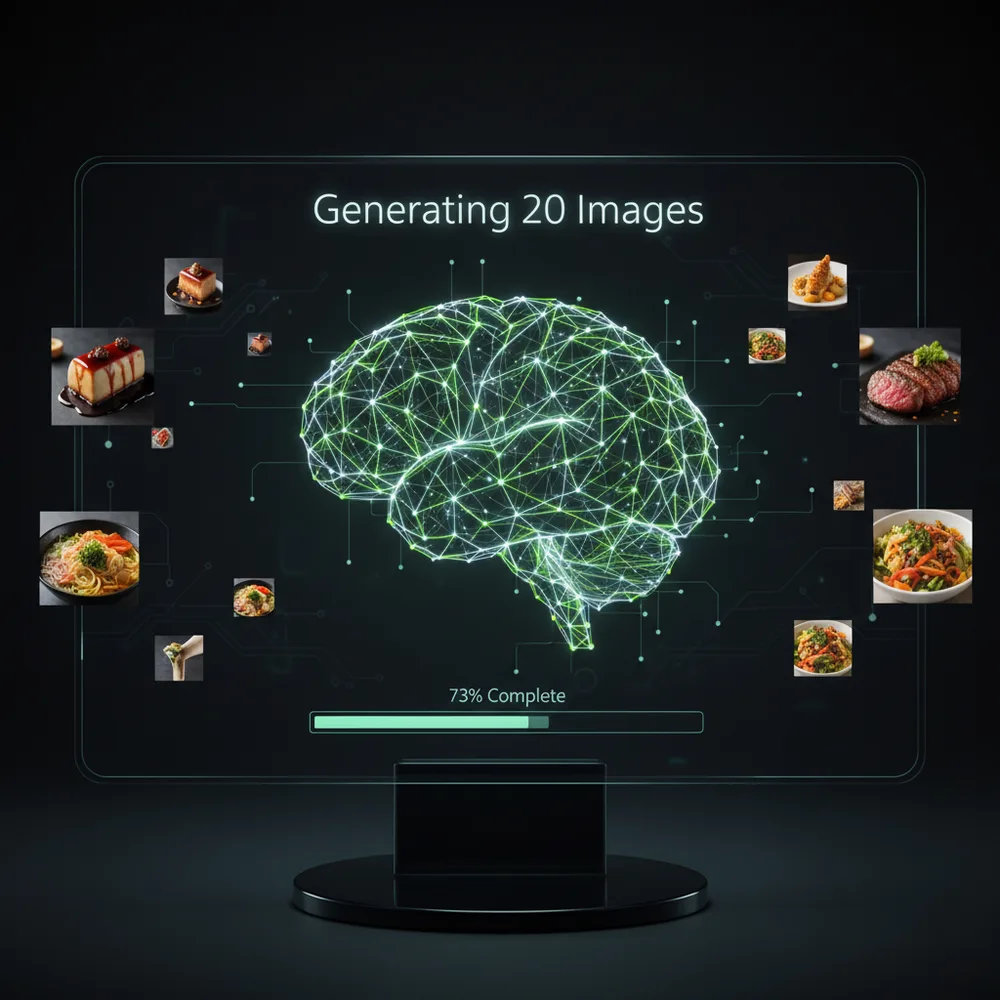 AI generating branded images with Google Gemini, progress bar showing 73 percent