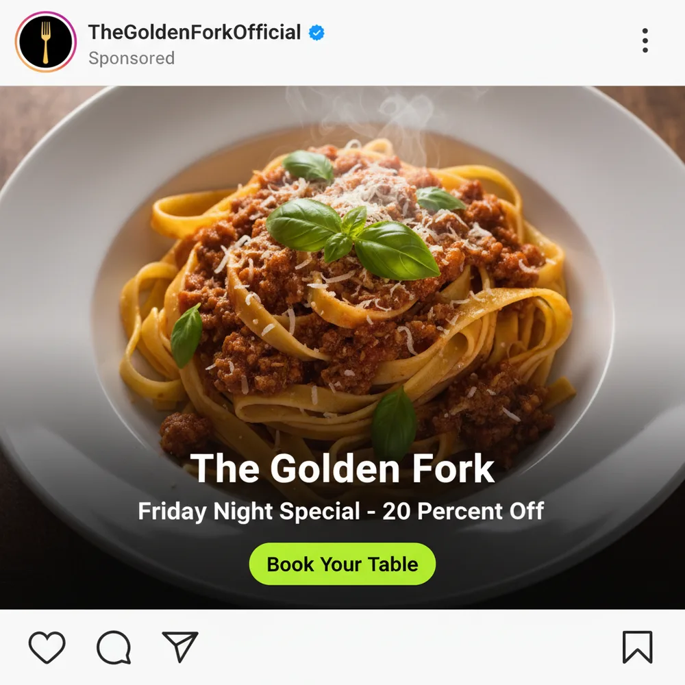Completed branded social media ad for The Golden Fork restaurant with CTA button